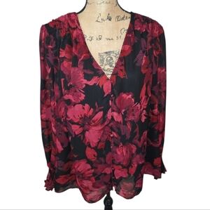 Cynthia Steffe Women 2X Red Black Floral Sheer Chiffon Smocked Button Blouse
